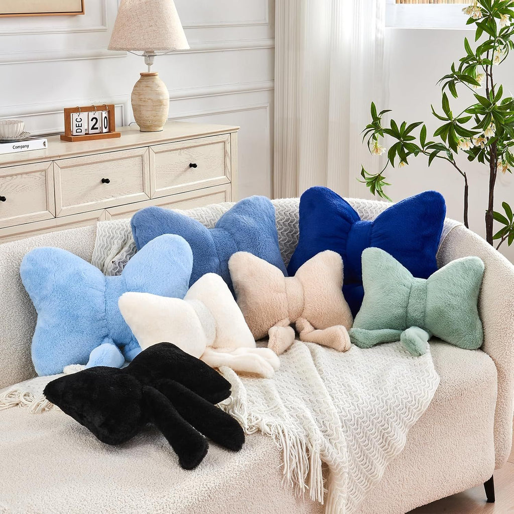 Bright Living - Black Bow Pillow, Soft Bow Decorative Pillows with Faux Rabbit Fur, Cute 16'' Bow Throw Pillows, Aesthetic Home Decor Bow Shaped Plush Pillow for Bedroom Sofa Couch