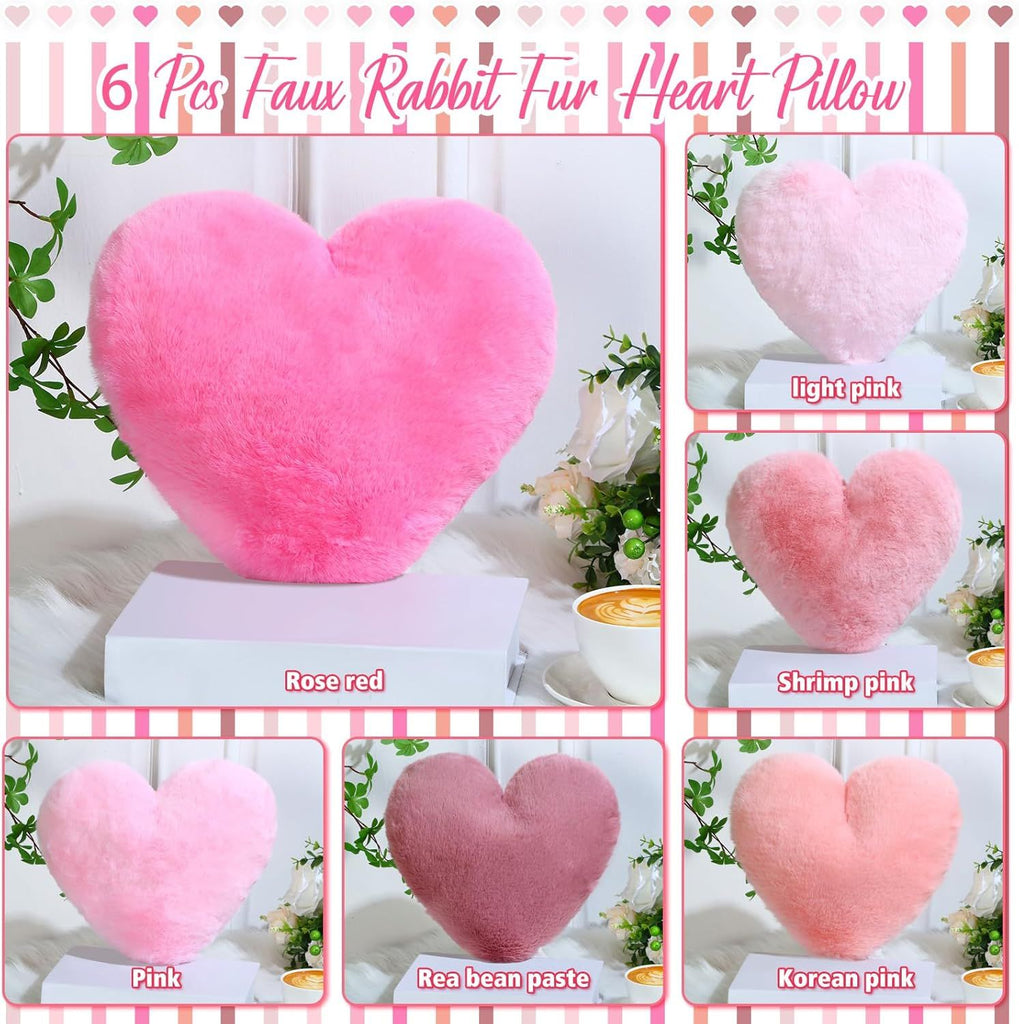 Bright Living - 6 Pcs Faux Rabbit Fur Heart Pillows Fluffy Heart Throw Pillows Cute Couch Cushion Soft Decorative Throw Cushion for Bed Sofa Girls Women(12 x 11 Inch,Pink Series)