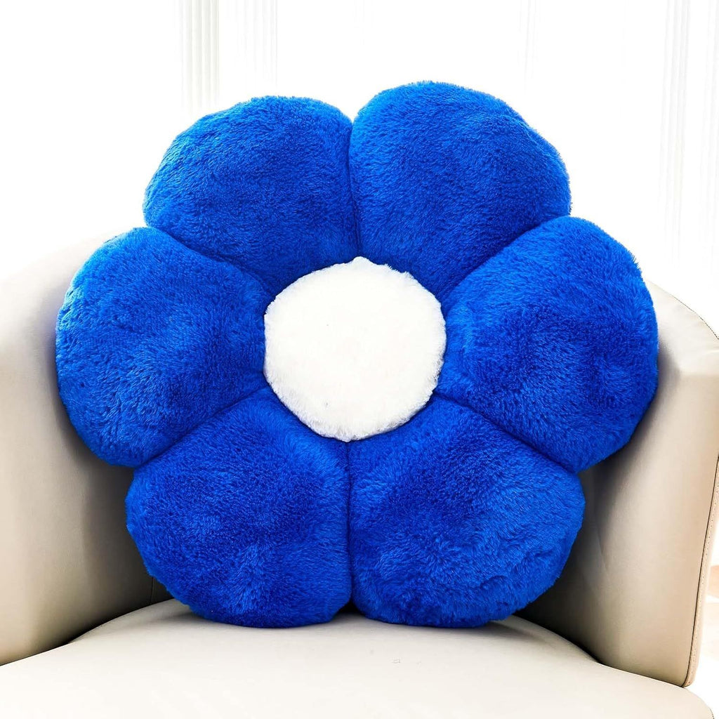 Bright Living - Flower Pillow Cute Decorative Throw Pillow with Faux Rabbit Fur Soft Daisy Plush Floor Cushion Aesthetic Flower Shaped Pillow Home Decor for Bed Sofa Couch (Royal Blue, 14.9 Inch)