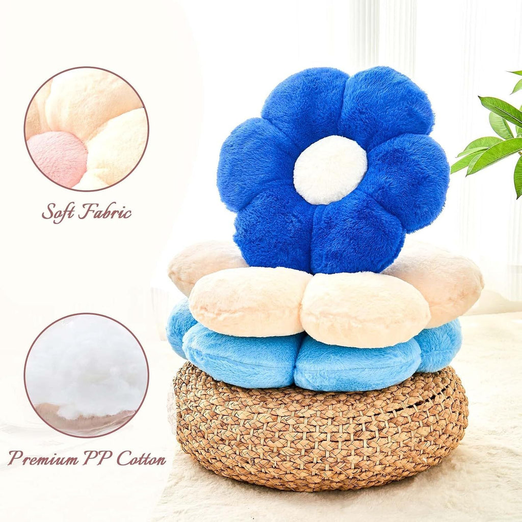 Bright Living - Flower Pillow Cute Decorative Throw Pillow with Faux Rabbit Fur Soft Daisy Plush Floor Cushion Aesthetic Flower Shaped Pillow Home Decor for Bed Sofa Couch (Royal Blue, 14.9 Inch)