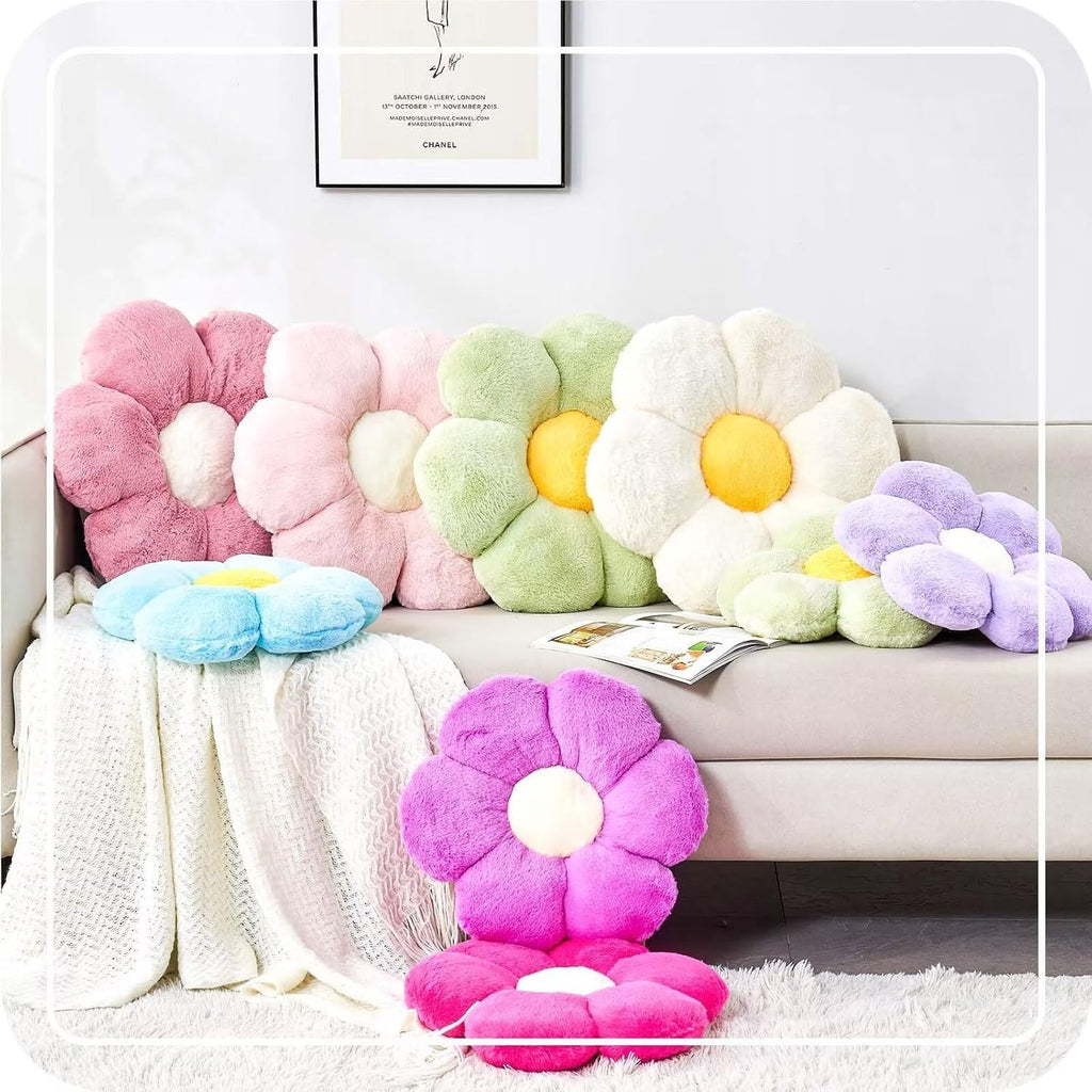 Bright Living - Flower Pillow Cute Decorative Throw Pillow with Faux Rabbit Fur Soft Daisy Plush Floor Cushion Aesthetic Flower Shaped Pillow Home Decor for Bed Sofa Couch (Royal Blue, 14.9 Inch)