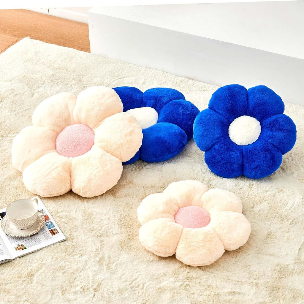 Bright Living - Flower Pillow Cute Decorative Throw Pillow with Faux Rabbit Fur Soft Daisy Plush Floor Cushion Aesthetic Flower Shaped Pillow Home Decor for Bed Sofa Couch (Royal Blue, 14.9 Inch)
