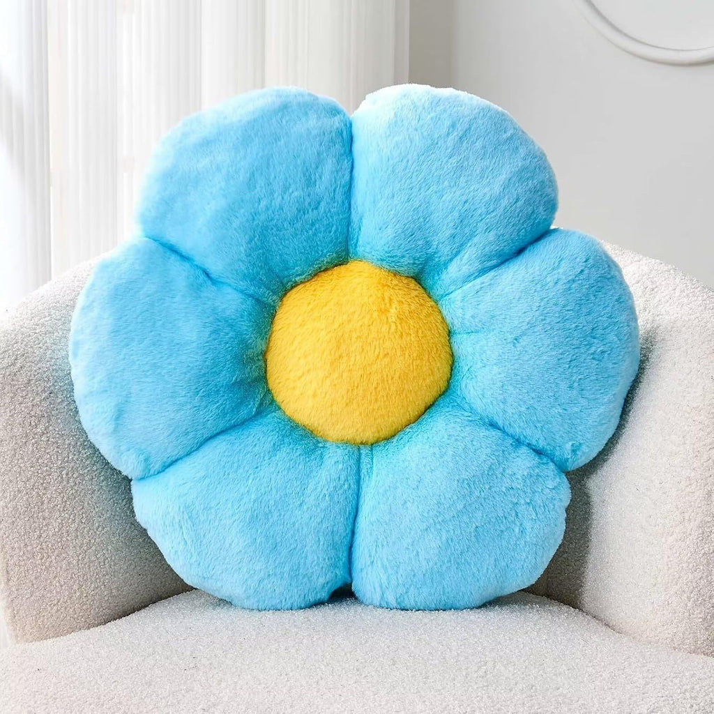 Bright Living - Cute Blue Flower Shaped Throw Pillow with Faux Rabbit Fur, 14.9'' Soft Plush Floor Pillow for Bedroom/Living Room