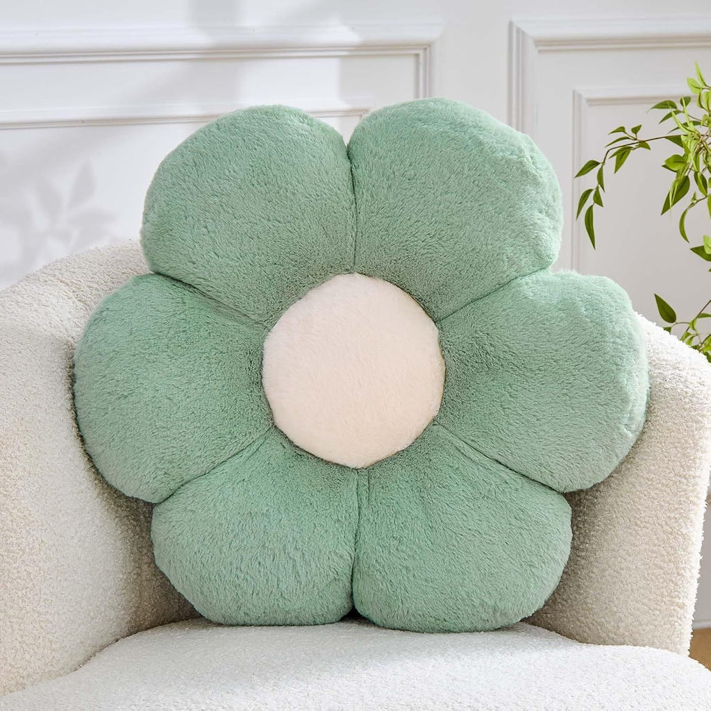 Bright Living - Flower Pillow Cute Decorative Throw Pillow with Faux Rabbit Fur Soft Daisy Plush Floor Cushion Aesthetic Flower Shaped Pillow Home Decor for Bed Sofa Couch (Sage Green14.9 Inch)