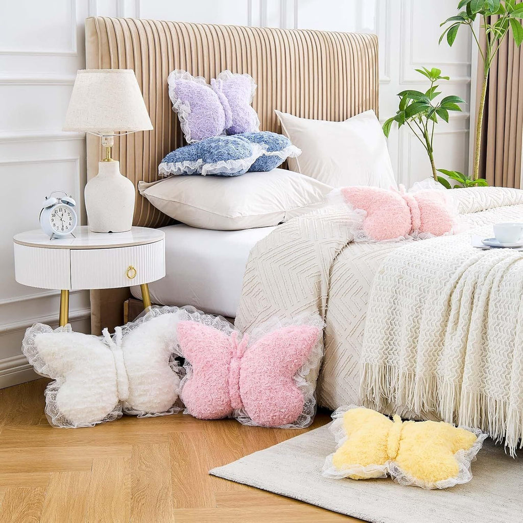Bright Living - Butterfly Pillow Dusty Pink Decorative Pillows 15'' Butterfly Shaped Cute Throw Pillows with Lace Aesthetic Bow Plush Cushion for Room Decor Bed Sofa Couch