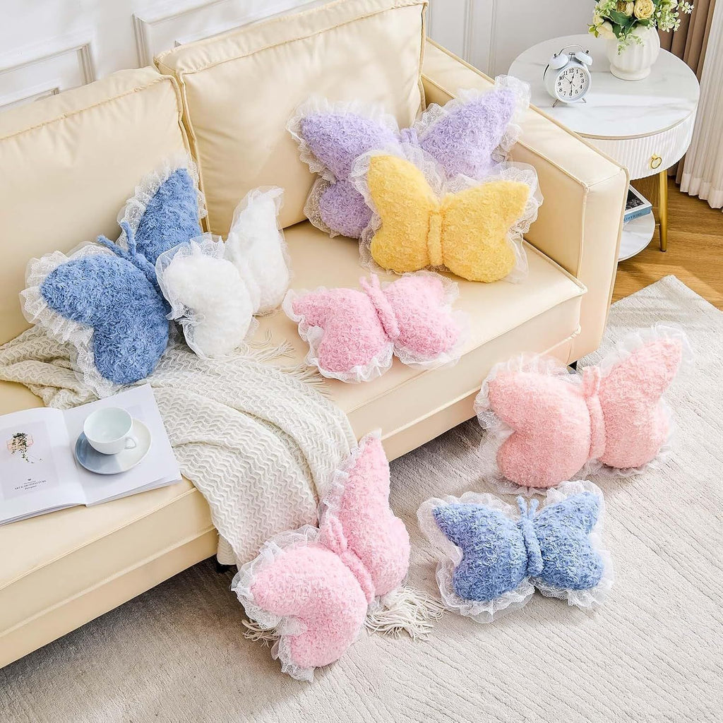 Bright Living - Butterfly Pillow Dusty Pink Decorative Pillows 15'' Butterfly Shaped Cute Throw Pillows with Lace Aesthetic Bow Plush Cushion for Room Decor Bed Sofa Couch