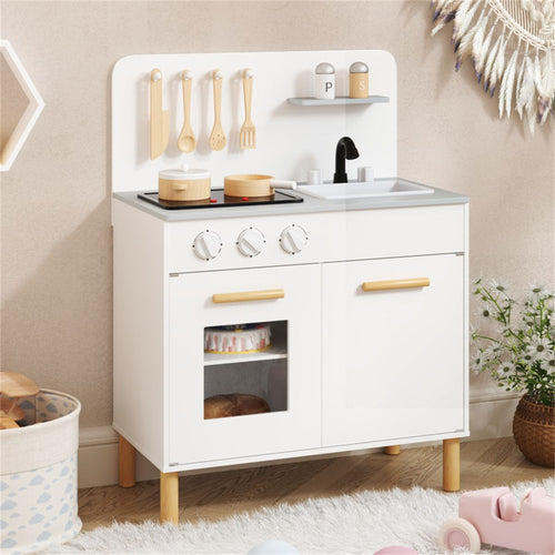 inQ Boutique - White Kids Interactive Wooden Kitchen Playset with Realistic Lights & Sounds