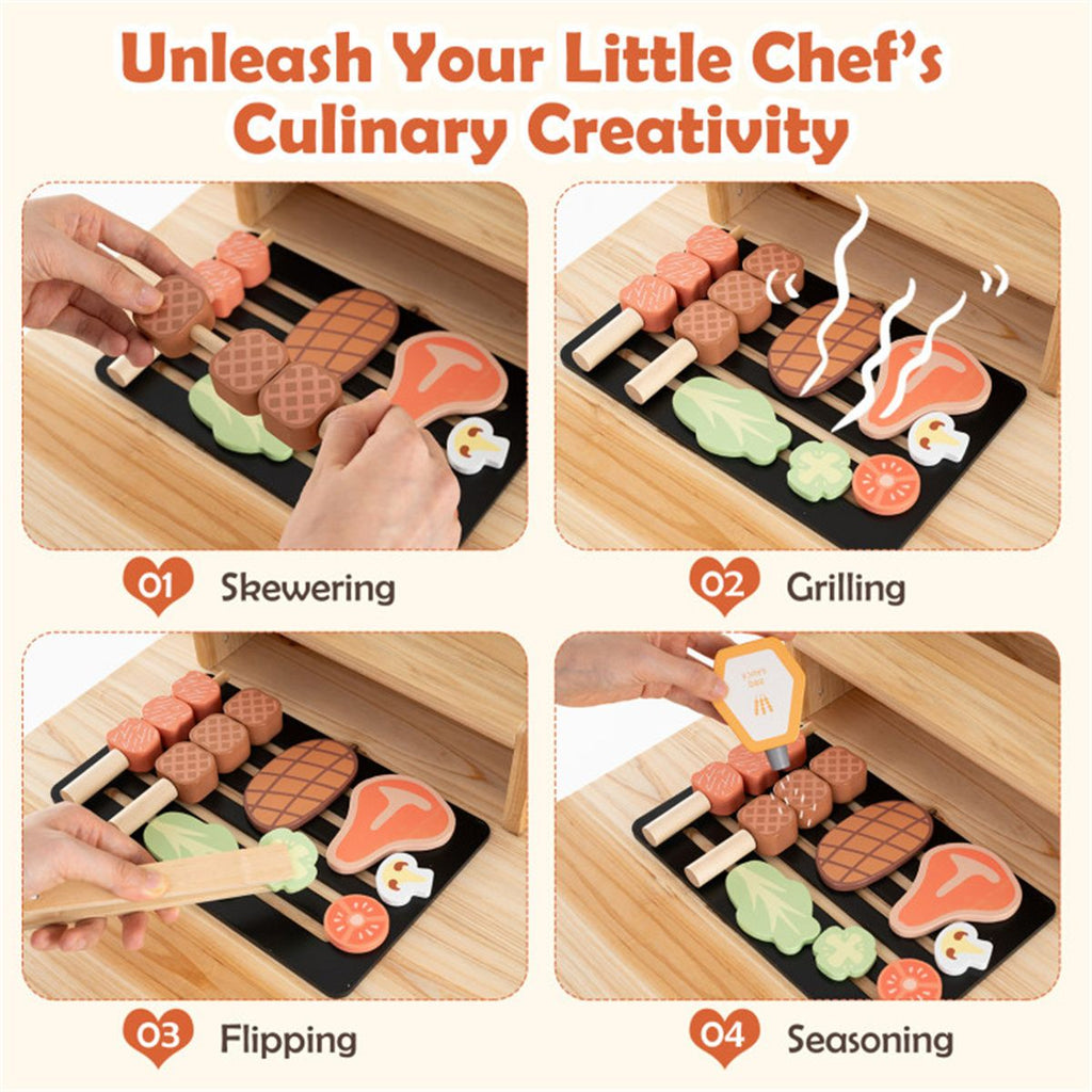 inQ Boutique - Natural Kids Wooden Barbecue Grill Playset with Chalkboard and Sink and Cabinet