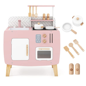 inQ Boutique - Wooden Kids Kitchen Playset with Cookware Accessories, Storage Cabinet & Hanging Hooks for Toddlers