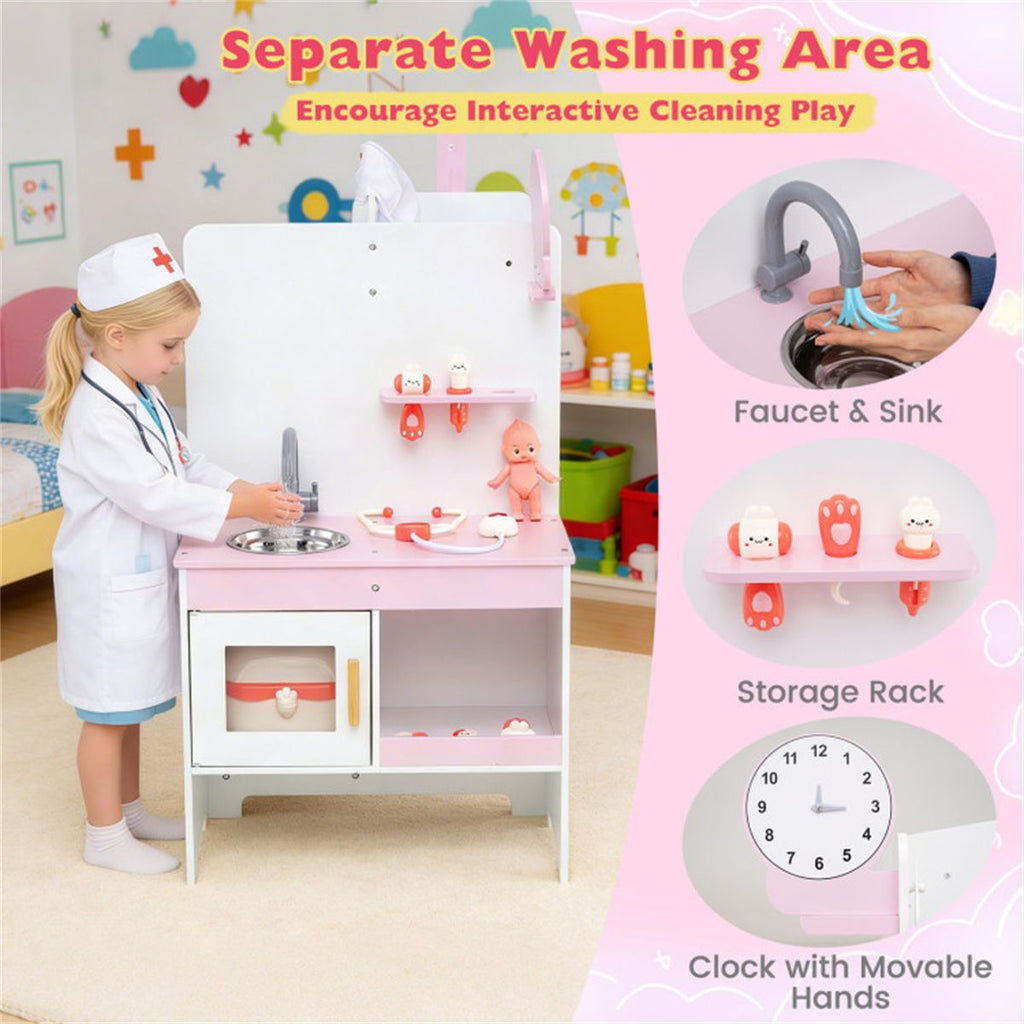 inQ Boutique - Wooden Kids Doctor Medical Station Playset, 93.98×54.61×99.06cm 27PCS Medical Tools with ECG Monitor for 3-6 Years, Pink+White