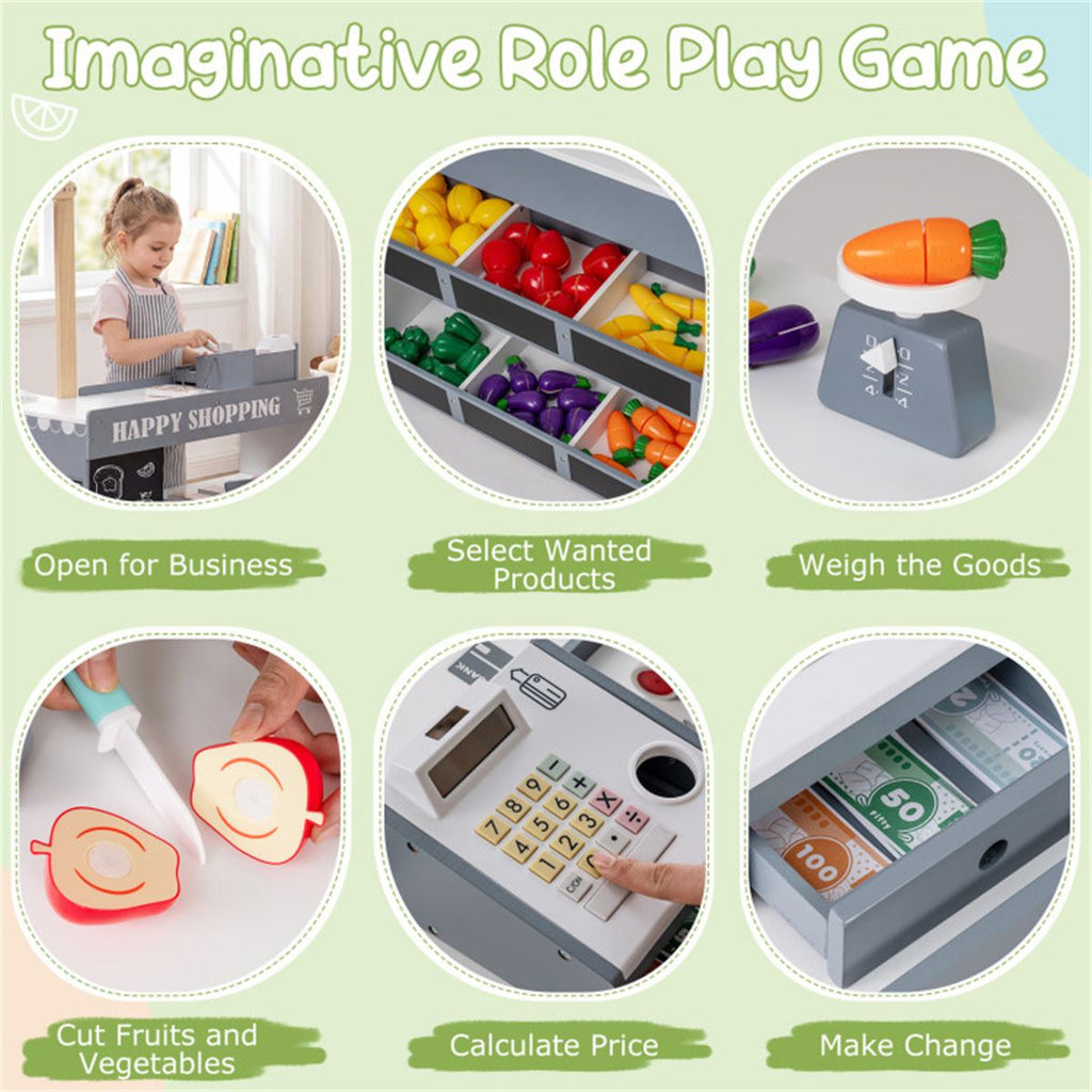 inQ Boutique - Gray Wooden Kids Supermarket Playset with Vending Machine, 90.17×78.74×104.14cm Grocery Store Toy with Shopping Cart for 3+
