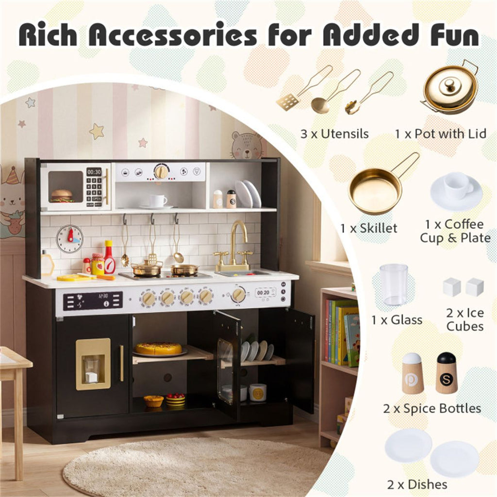 inQ Boutique - Kids Wooden Play Kitchen with Realistic Lights & Sounds, Pretend Ice Maker & Storage for Toddlers Age 3+ - Black