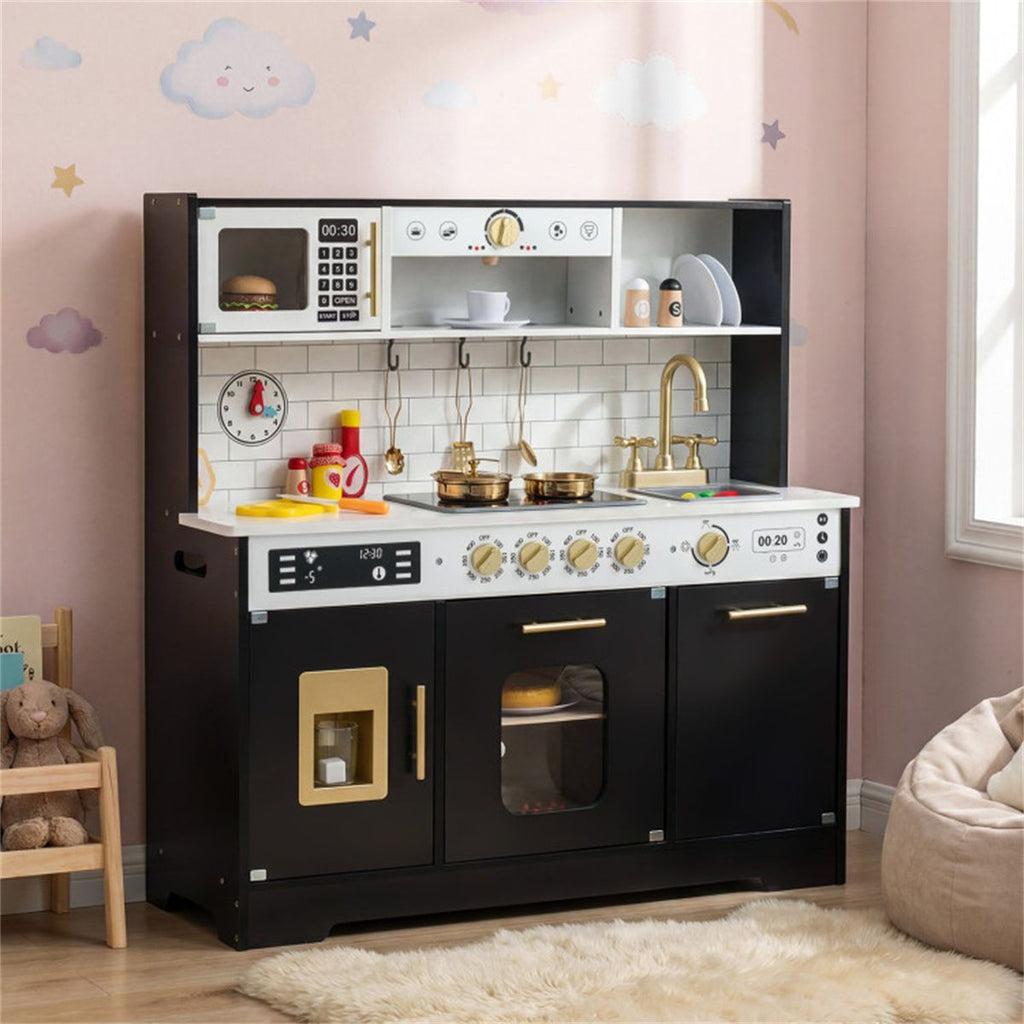 inQ Boutique - Kids Wooden Play Kitchen with Realistic Lights & Sounds, Pretend Ice Maker & Storage for Toddlers Age 3+ - Black