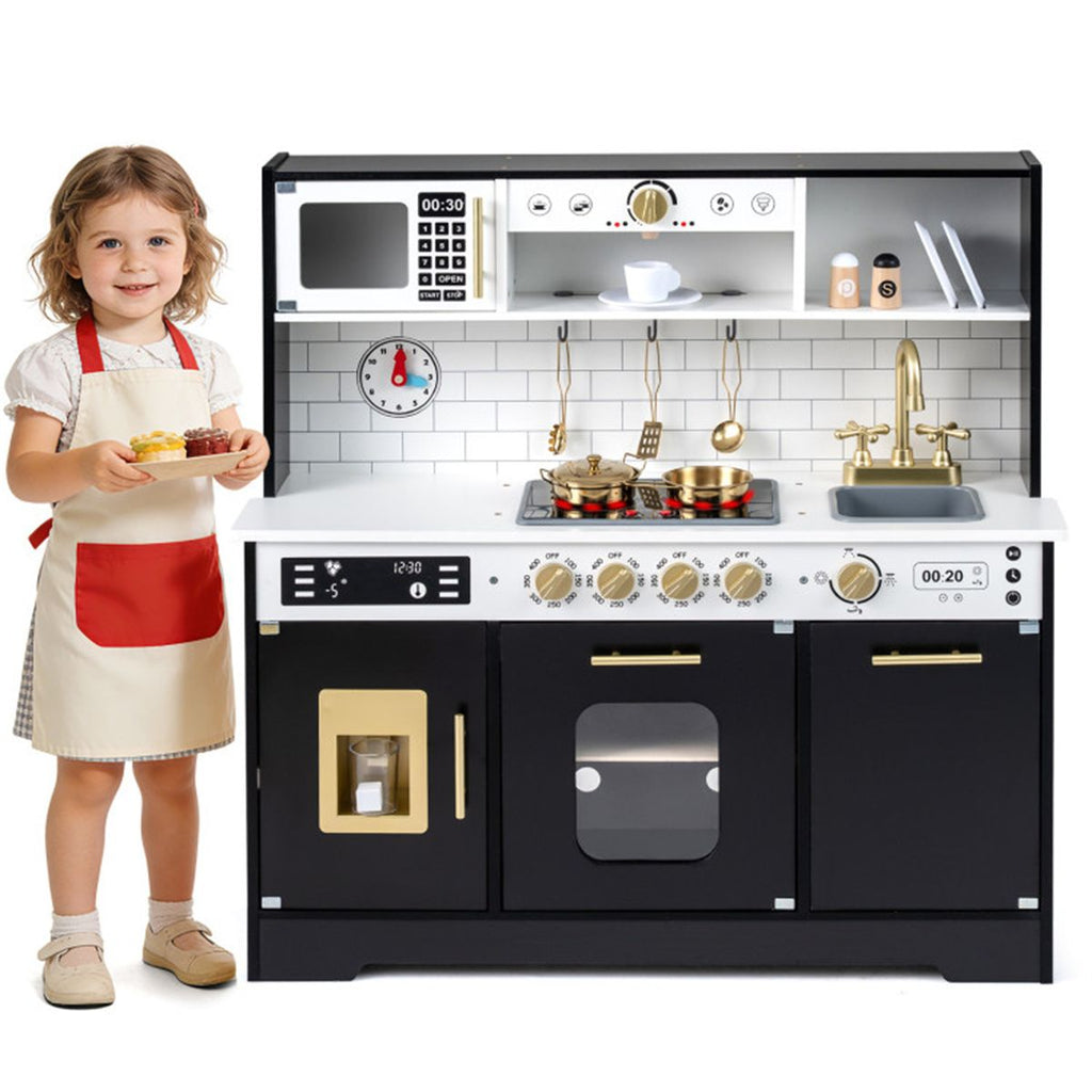 inQ Boutique - Kids Wooden Play Kitchen with Realistic Lights & Sounds, Pretend Ice Maker & Storage for Toddlers Age 3+ - Black