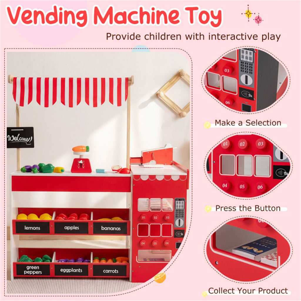 inQ Boutique - Red Wooden Kids Supermarket Playset with Vending Machine, 90.17×78.74×104.14cm Grocery Store Toy with Shopping Cart for 3+