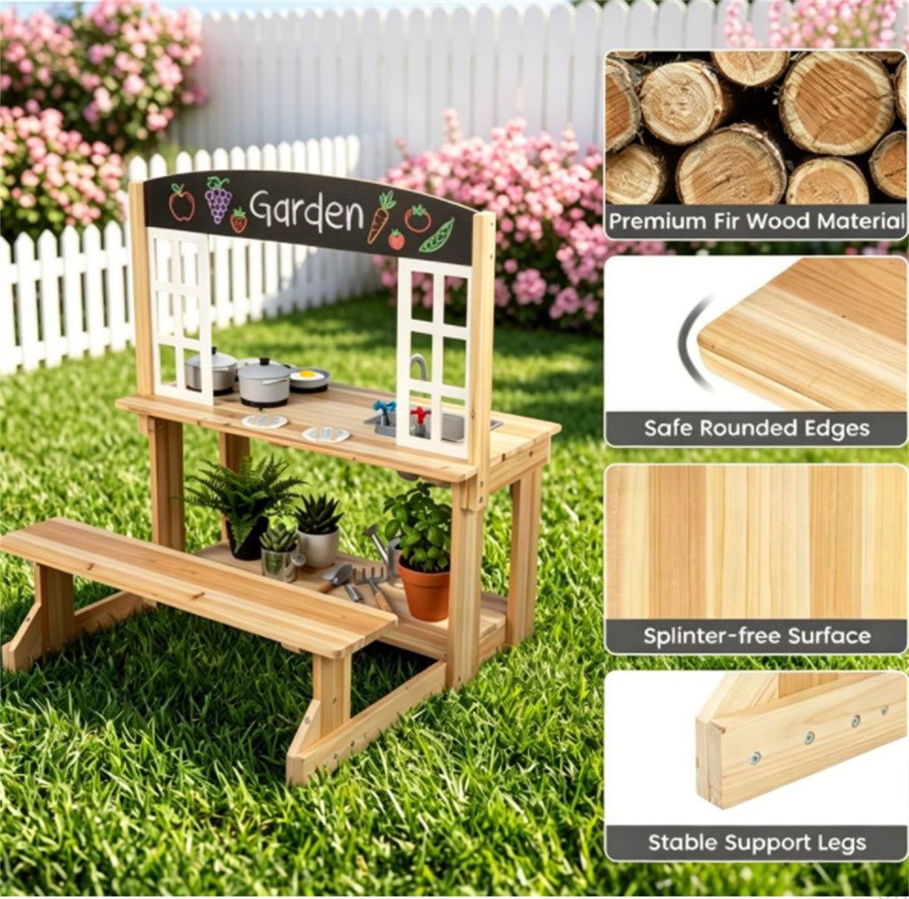 inQ Boutique - Natural Wooden Kids Mud Kitchen Playset with Bench & Removable Sink, Complete Cookware Accessories Pretend Play Kitchen for Toddlers 3+