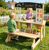 inQ Boutique - Natural Wooden Kids Mud Kitchen Playset with Bench & Removable Sink, Complete Cookware Accessories Pretend Play Kitchen for Toddlers 3+