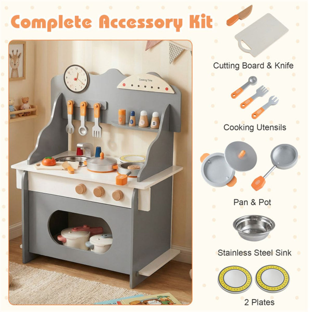 inQ Boutique - Gray Wooden Toddler Play Kitchen with Sink & Accessories, Safe Gift for Kids 3+