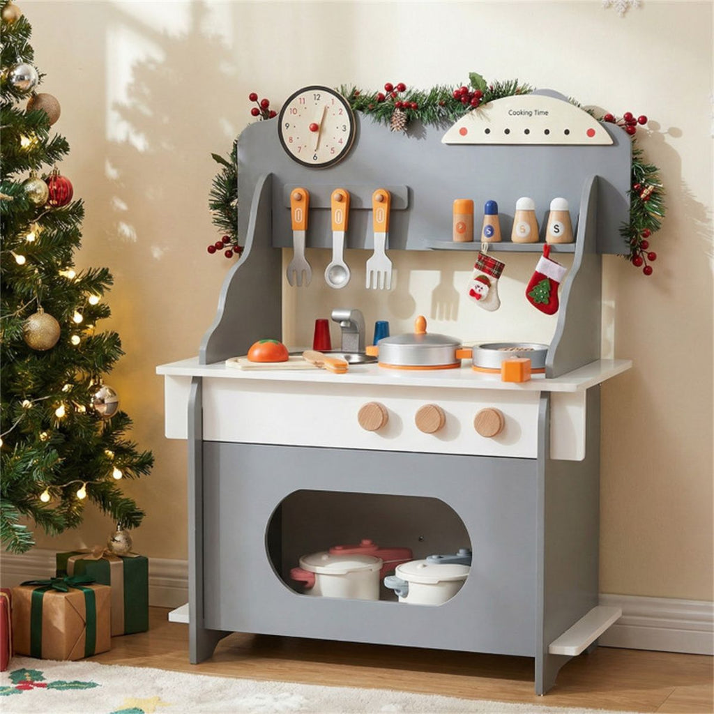 inQ Boutique - Gray Wooden Toddler Play Kitchen with Sink & Accessories, Safe Gift for Kids 3+