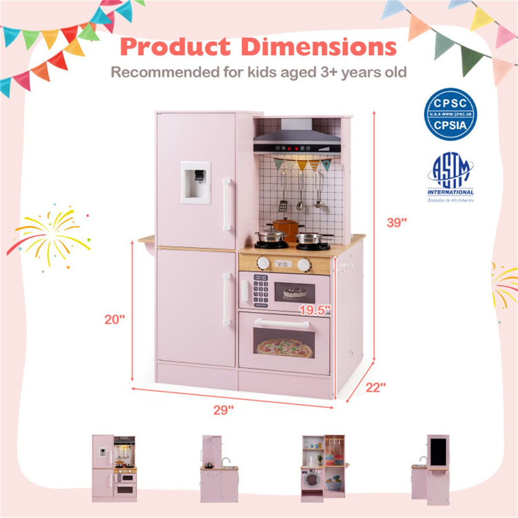 inQ Boutique - Pink Dual-Sided Kids Play Kitchen with Water Dispenser and Range Hood for 3+ Years Old