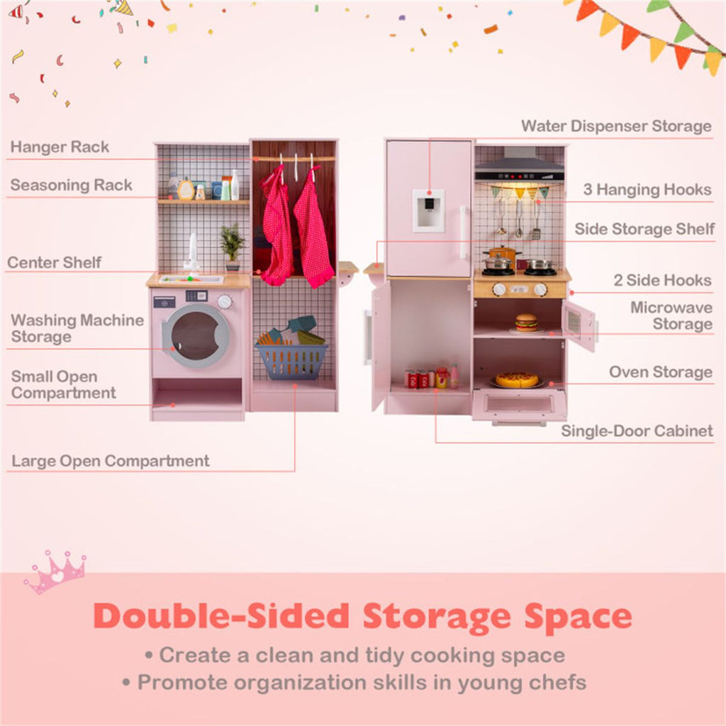 inQ Boutique - Pink Dual-Sided Kids Play Kitchen with Water Dispenser and Range Hood for 3+ Years Old