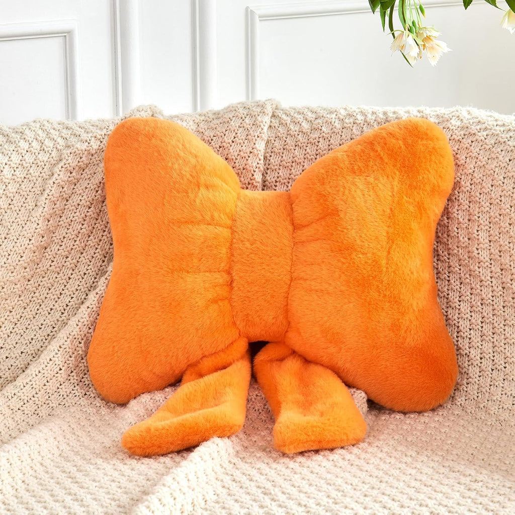 Bright Living - Bow Pillow, Soft Bow Decorative Pillows with Faux Rabbit Fur, Cute Bow Throw Pillows, Aesthetic Home Decor Bow Shaped Plush Pillow for Bedroom Sofa Couch (Orange, Large-16 Inch)
