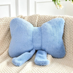 Bright Living - Dusty Blue Bow Pillow, Soft Bow Decorative Pillows with Faux Rabbit Fur, Cute 16'' Bow Throw Pillows, Aesthetic Home Decor Bow Shaped Plush Pillow for Bedroom Sofa Couch