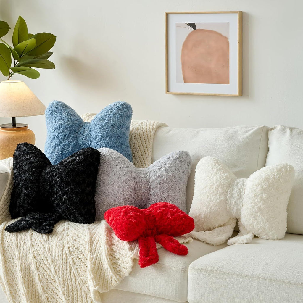 Bright Living - Bow Pillow, Decorative Bow Pillows with Soft Plush for Couch Bed, Bow Shaped Throw Pillow Room Decor for Bedroom, Bow Decorative Pillow for Living Room (Grey Blue, Large-16 Inches)