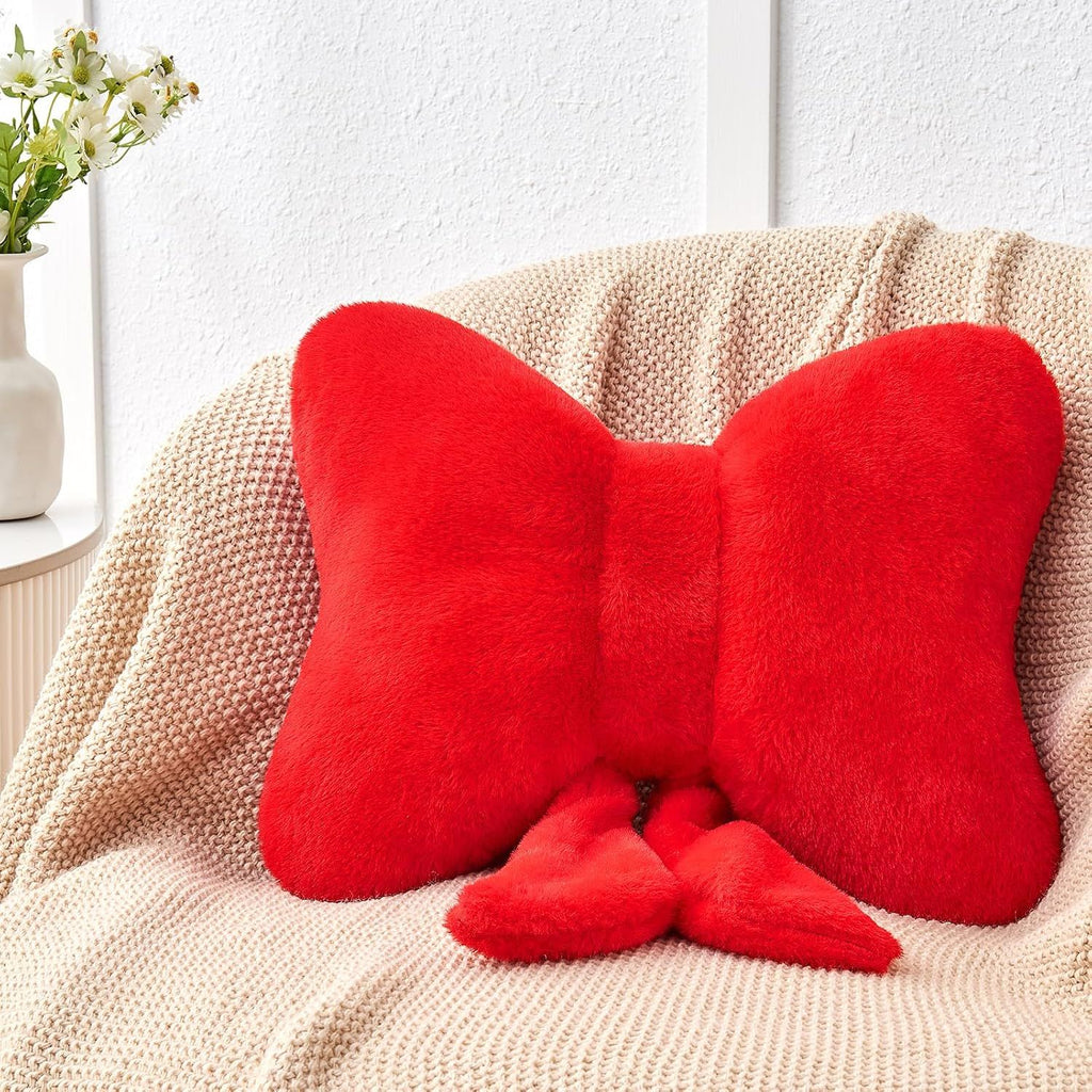 Bright Living - Red Bow Pillow,16'' Bow Decorative Pillows with Faux Rabbit Fur,Soft Bow Throw Pillows Aesthetic Bow Shaped Pillow for Bed Sofa Couch Home Decor