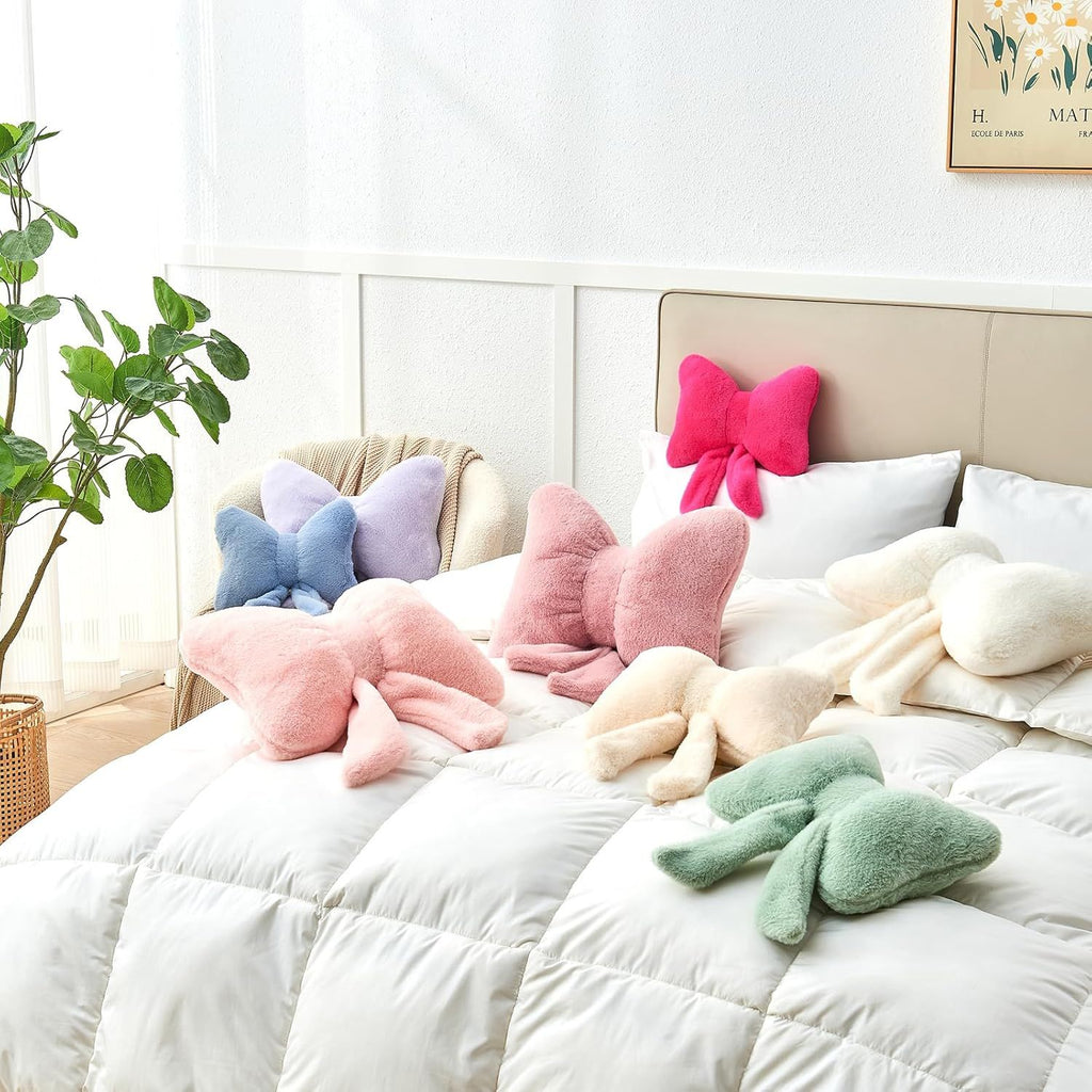 Bright Living - Red Bow Pillow,16'' Bow Decorative Pillows with Faux Rabbit Fur,Soft Bow Throw Pillows Aesthetic Bow Shaped Pillow for Bed Sofa Couch Home Decor