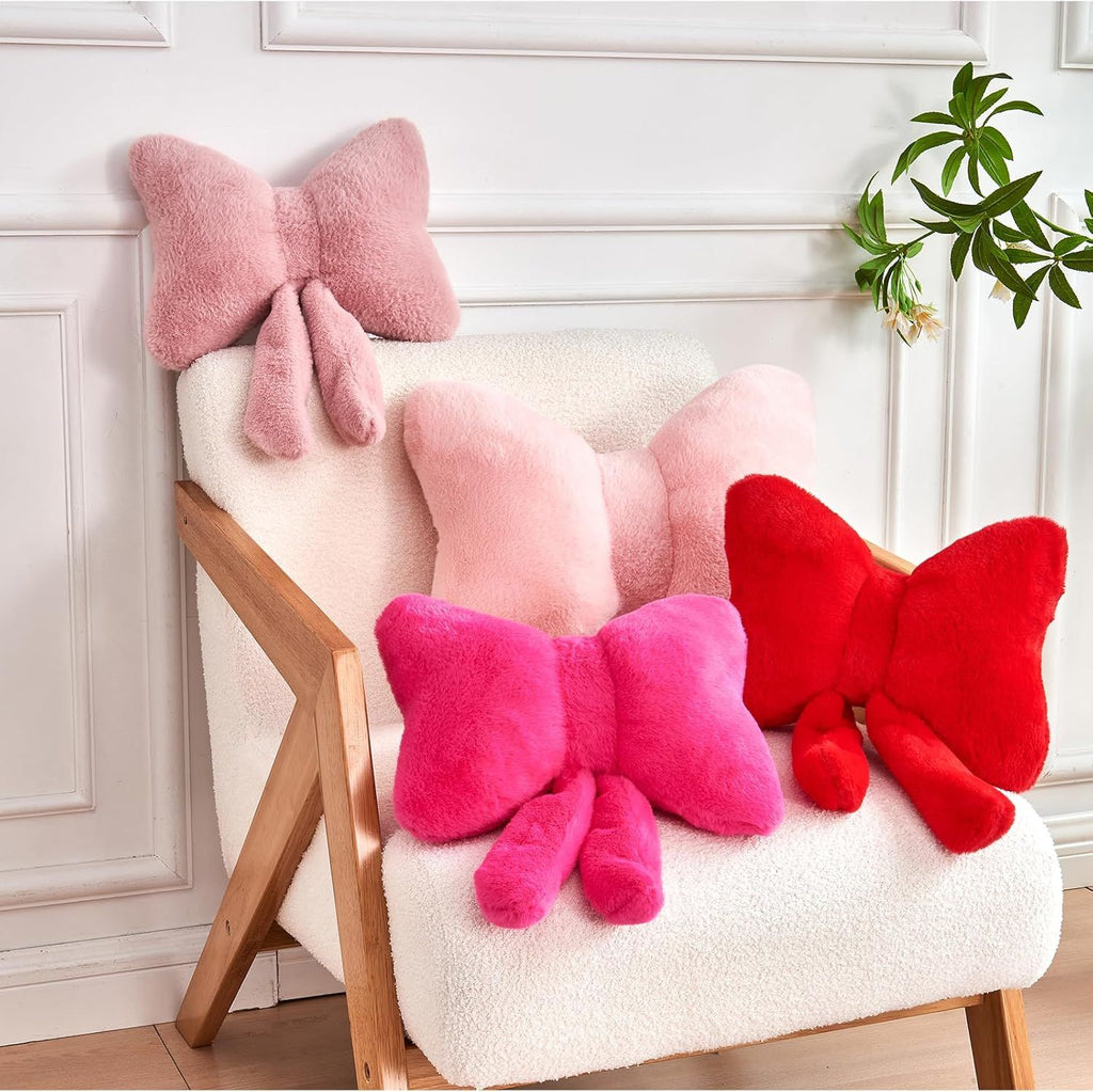 Bright Living - Red Bow Pillow, Soft Bow Decorative Pillows with Faux Rabbit Fur, Cute 16'' Bow Throw Pillows, Aesthetic Home Decor Bow Shaped Plush Pillow for Bedroom Sofa Couch