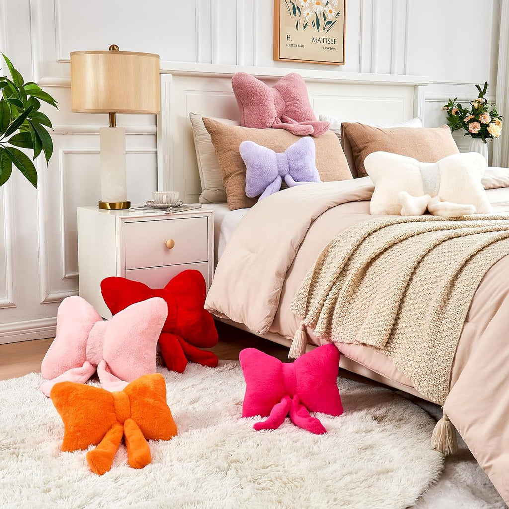 Bright Living - Ivory Bow Pillow, Soft Bow Decorative Pillows with Faux Rabbit Fur, Cute 16'' Bow Throw Pillows, Aesthetic Home Decor Bow Shaped Plush Pillow for Bedroom Sofa Couch