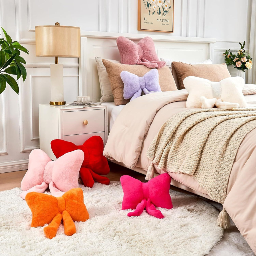 Bright Living - Bow Pillow, Soft Bow Decorative Pillows with Faux Rabbit Fur, Cute Bow Throw Pillows, Aesthetic Home Decor Bow Shaped Plush Pillow for Bedroom Sofa Couch (Orange, Small-12 Inch)