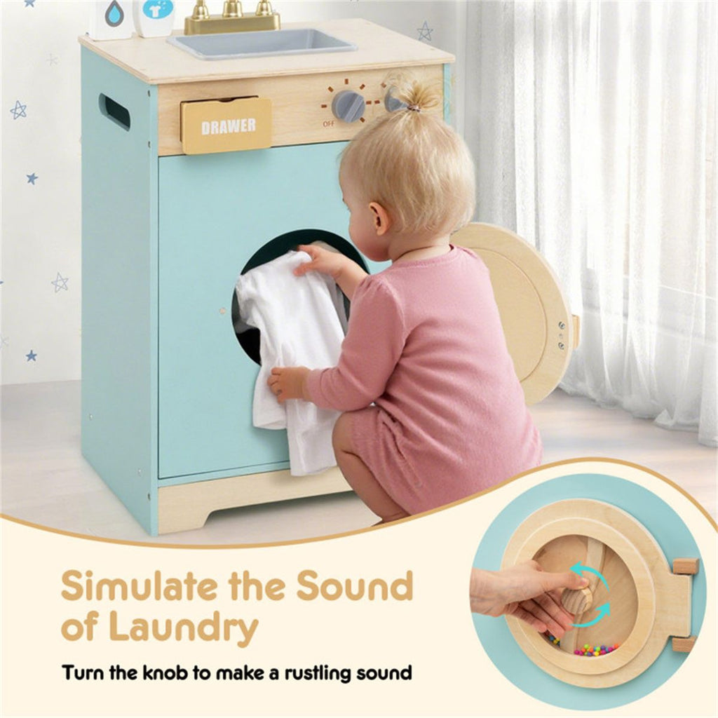 inQ Boutique - Blue Kids Wooden Toy Washing Machine Playset, Realistic Rotating Wheel & Removable Sink