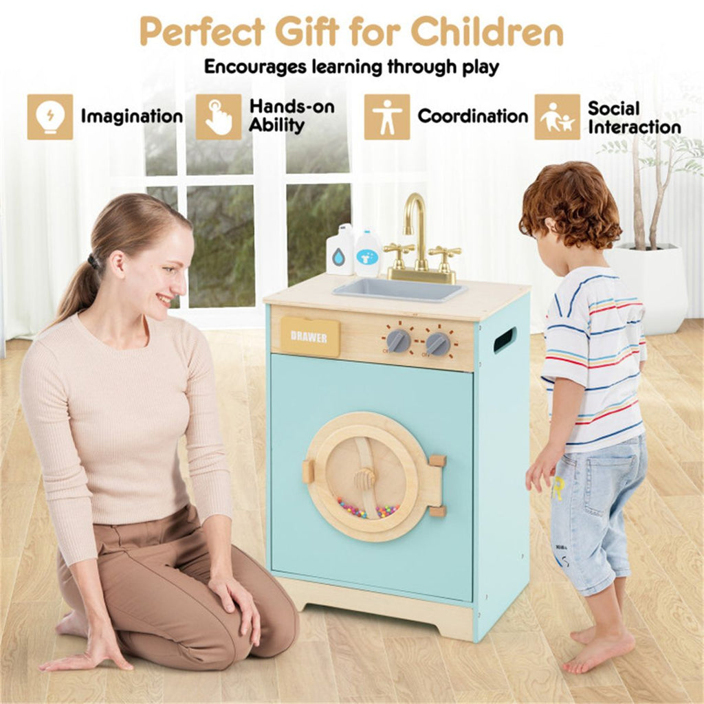 inQ Boutique - Blue Kids Wooden Toy Washing Machine Playset, Realistic Rotating Wheel & Removable Sink