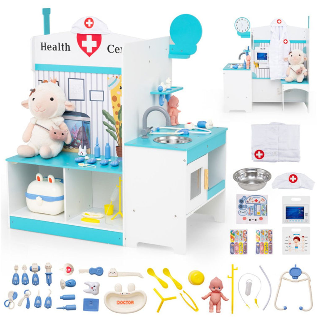 inQ Boutique - Wooden Kids Doctor Medical Station Playset, 93.98×54.61×99.06cm 27PCS Medical Tools with ECG Monitor for 3-6 Years, Blue + White
