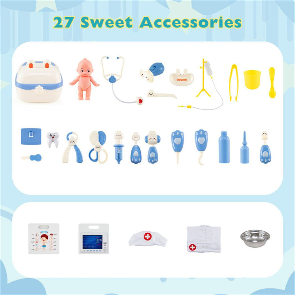 inQ Boutique - Wooden Kids Doctor Medical Station Playset, 93.98×54.61×99.06cm 27PCS Medical Tools with ECG Monitor for 3-6 Years, Blue + White