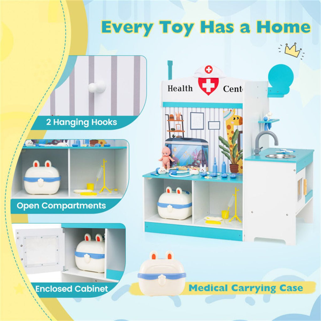 inQ Boutique - Wooden Kids Doctor Medical Station Playset, 93.98×54.61×99.06cm 27PCS Medical Tools with ECG Monitor for 3-6 Years, Blue + White