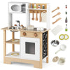inQ Boutique - Kids Wooden Play Kitchen with 13 Accessories, Pretend Cooking Set with Chalkboard for 3+, White + Natural