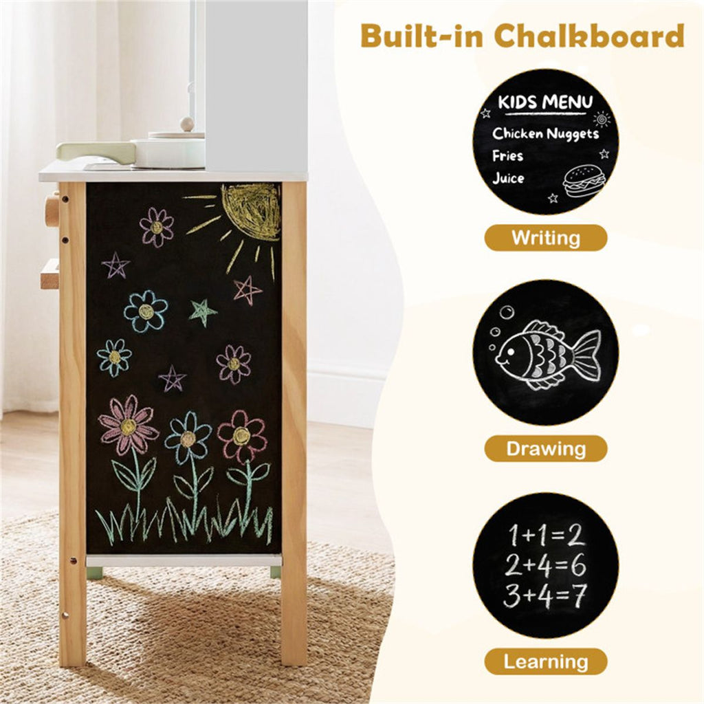 inQ Boutique - Kids Wooden Play Kitchen with 13 Accessories, Pretend Cooking Set with Chalkboard for 3+, White + Natural
