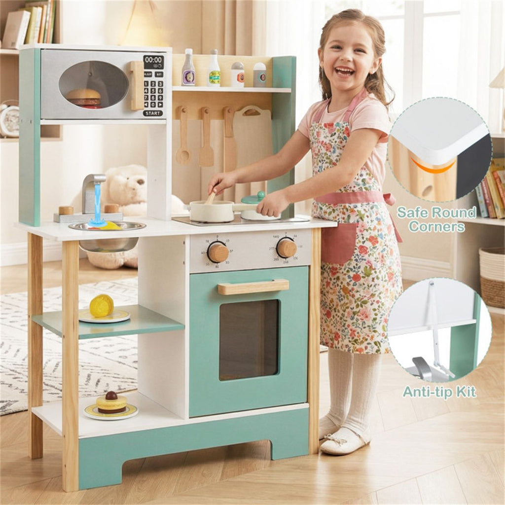 inQ Boutique - Kids Wooden Play Kitchen with 13 Accessories, Pretend Cooking Set with Chalkboard for 3+, Green+White