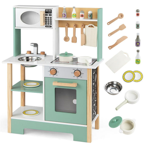inQ Boutique - Kids Wooden Play Kitchen with 13 Accessories, Pretend Cooking Set with Chalkboard for 3+, Green+White
