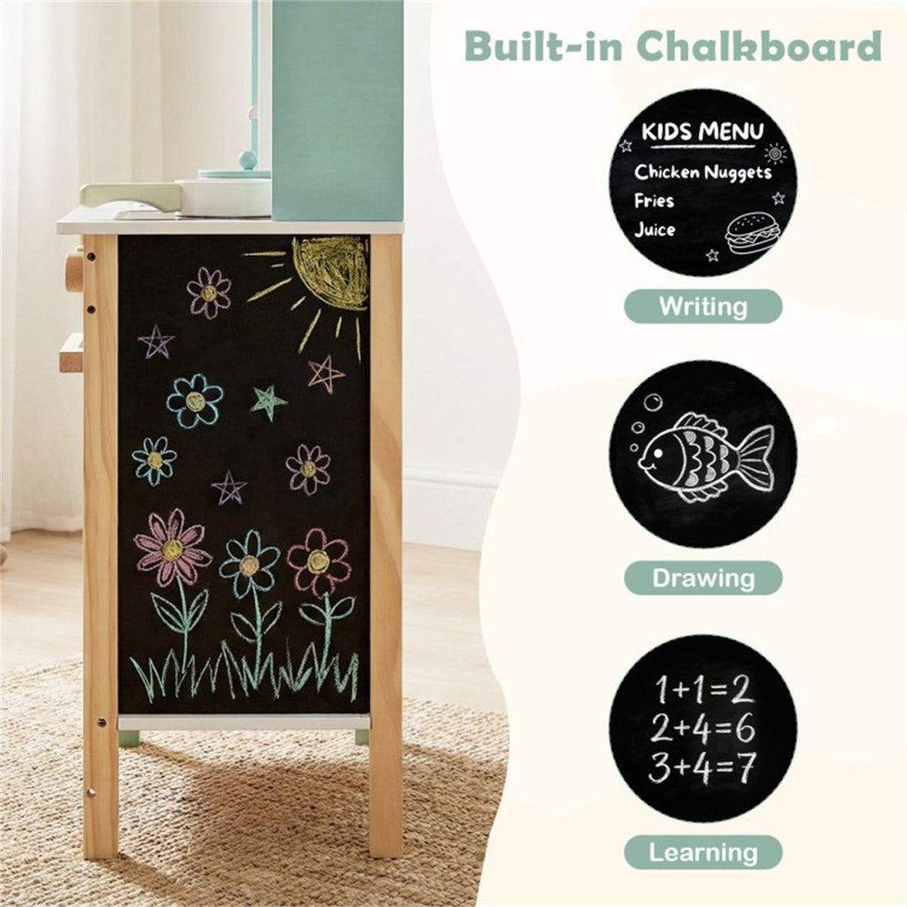 inQ Boutique - Kids Wooden Play Kitchen with 13 Accessories, Pretend Cooking Set with Chalkboard for 3+, Green+White