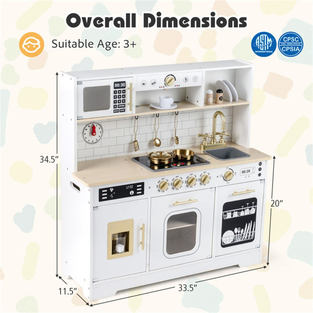 inQ Boutique - Kids Wooden Play Kitchen with Realistic Lights & Sounds, Pretend Ice Maker & Storage for Toddlers Age 3+ - White