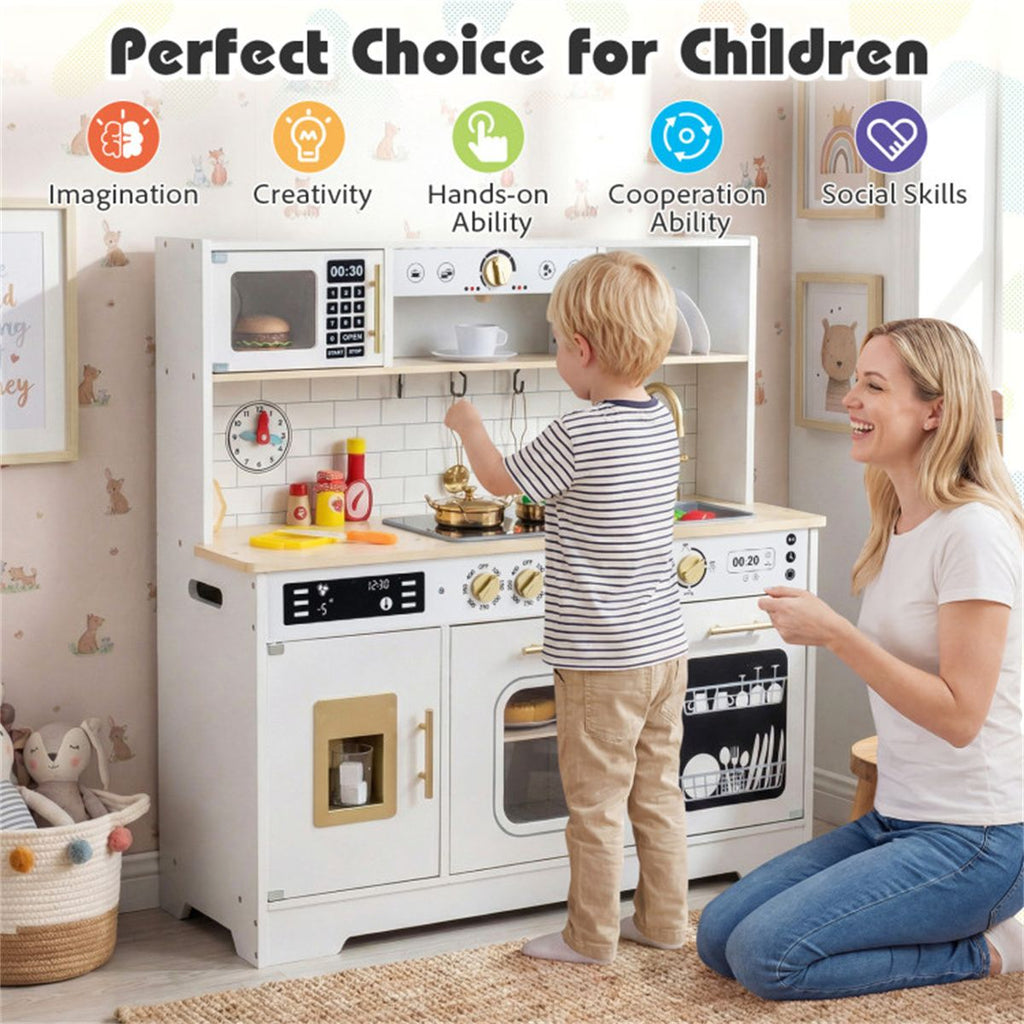 inQ Boutique - Kids Wooden Play Kitchen with Realistic Lights & Sounds, Pretend Ice Maker & Storage for Toddlers Age 3+ - White