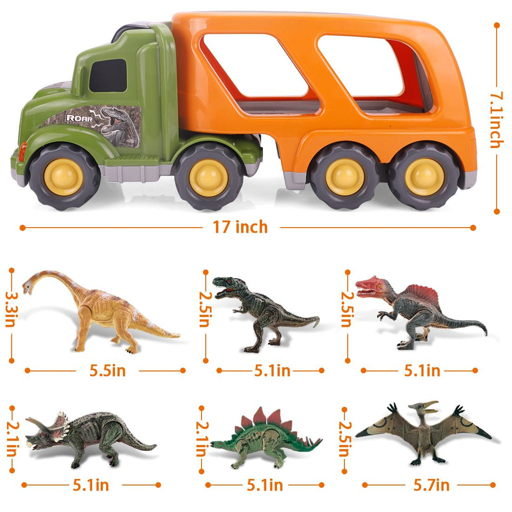 willsea - Toy Dinosaur for 2 3 4 Years Old Boys and Girls;  Car Transport Truck with Sound and Light;  6 Pack of 5'' Dinosaur Toys;  Educational Realistic Dinosaur Play Set