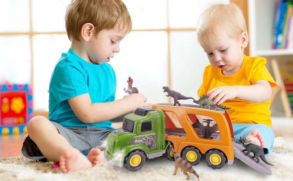 willsea - Toy Dinosaur for 2 3 4 Years Old Boys and Girls;  Car Transport Truck with Sound and Light;  6 Pack of 5'' Dinosaur Toys;  Educational Realistic Dinosaur Play Set