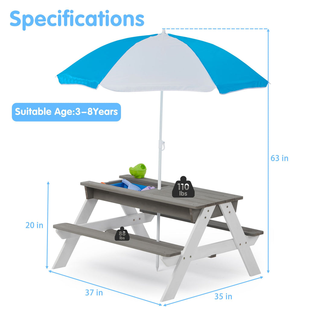 Yeah Depot - 3-in-1 Kids Outdoor Wooden Picnic Table With Umbrella, Convertible Sand & Wate, Gray ASTM & CPSIA CERTIFICATION
