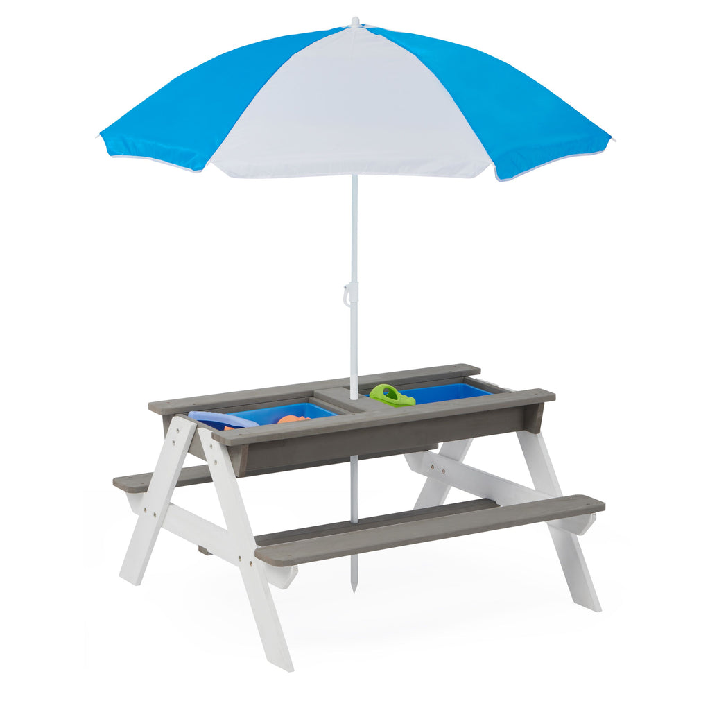 Yeah Depot - 3-in-1 Kids Outdoor Wooden Picnic Table With Umbrella, Convertible Sand & Wate, Gray ASTM & CPSIA CERTIFICATION