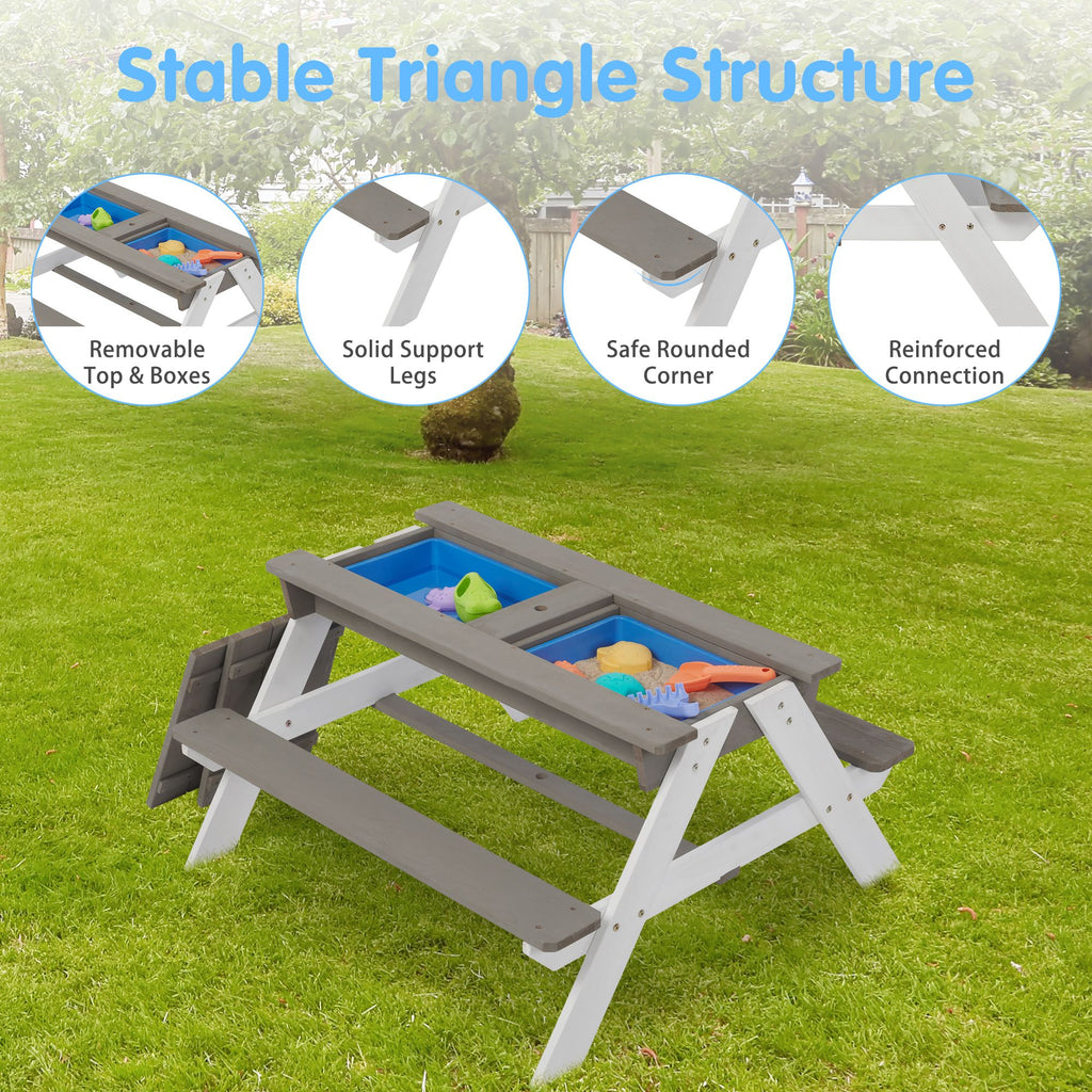 Yeah Depot - 3-in-1 Kids Outdoor Wooden Picnic Table With Umbrella, Convertible Sand & Wate, Gray ASTM & CPSIA CERTIFICATION
